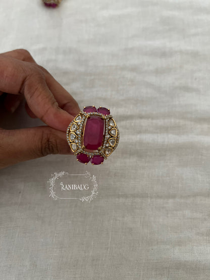 Anika Gold Finish Royal Gemstone Motif Polki Studded Festive Ring Jewelry By Ranibaug