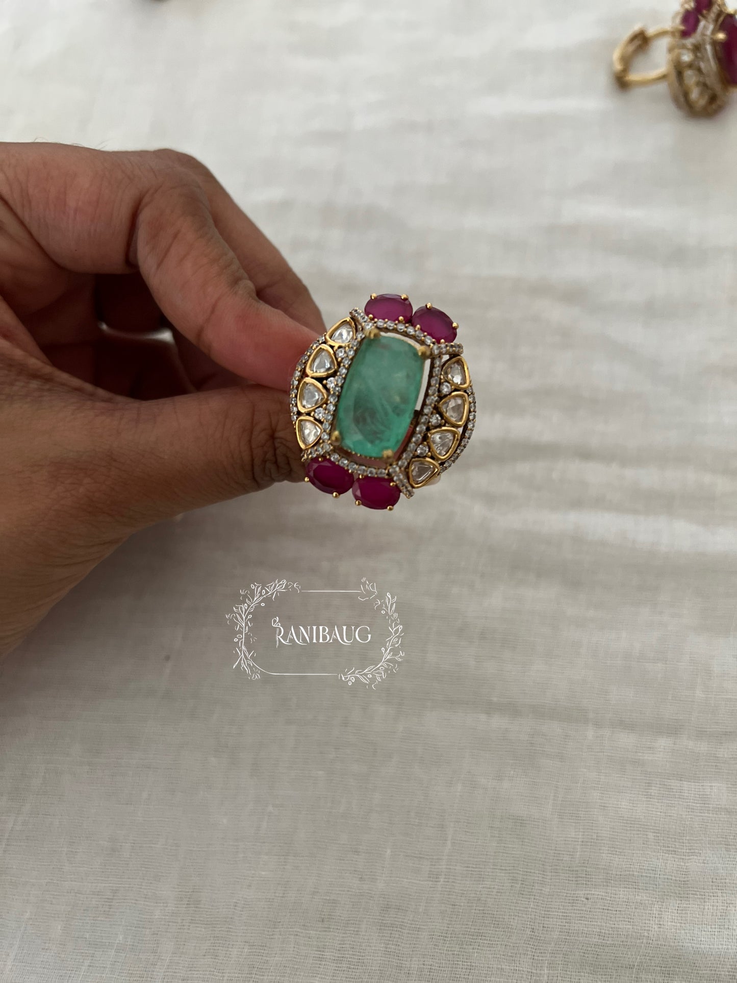 Anika Gold Finish Royal Gemstone Motif Polki Studded Festive Ring Jewelry By Ranibaug