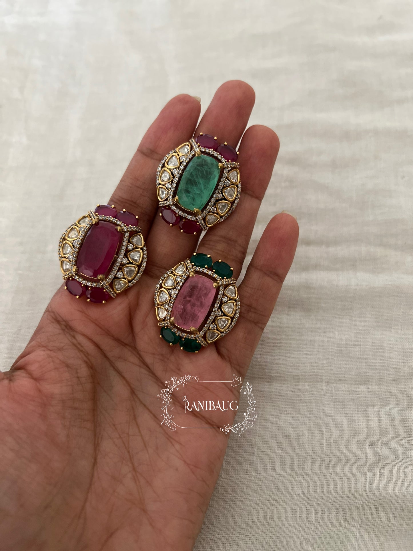 Anika Gold Finish Royal Gemstone Motif Polki Studded Festive Ring Jewelry By Ranibaug