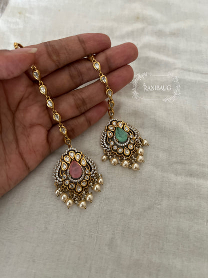 Anisha Kundan Polki Teardrop Gemstone Motif Pearl Adorned Maang Tikka By Ranibaug