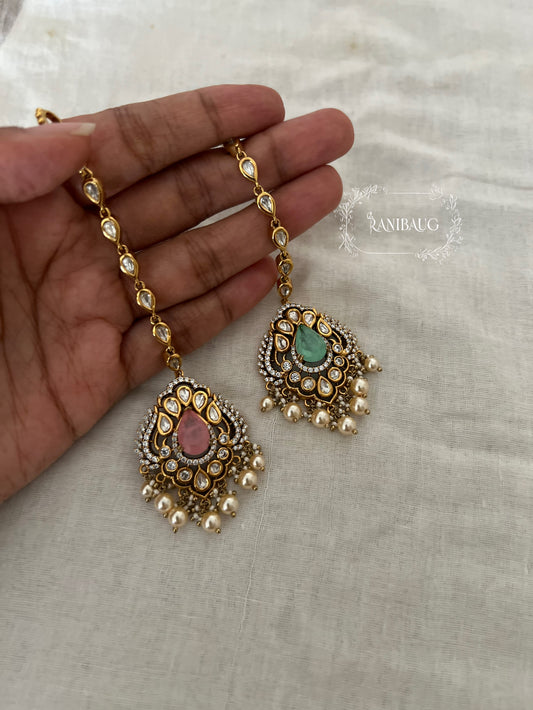 Anisha Kundan Polki Teardrop Gemstone Motif Pearl Adorned Maang Tikka By Ranibaug