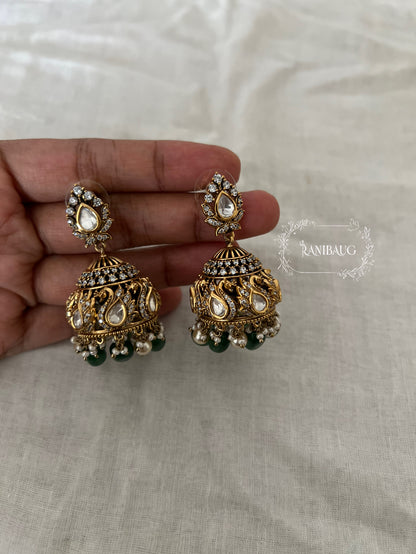 Anisha Polki Gold Finish Peacock Motif Festive Jhumka By Ranibaug