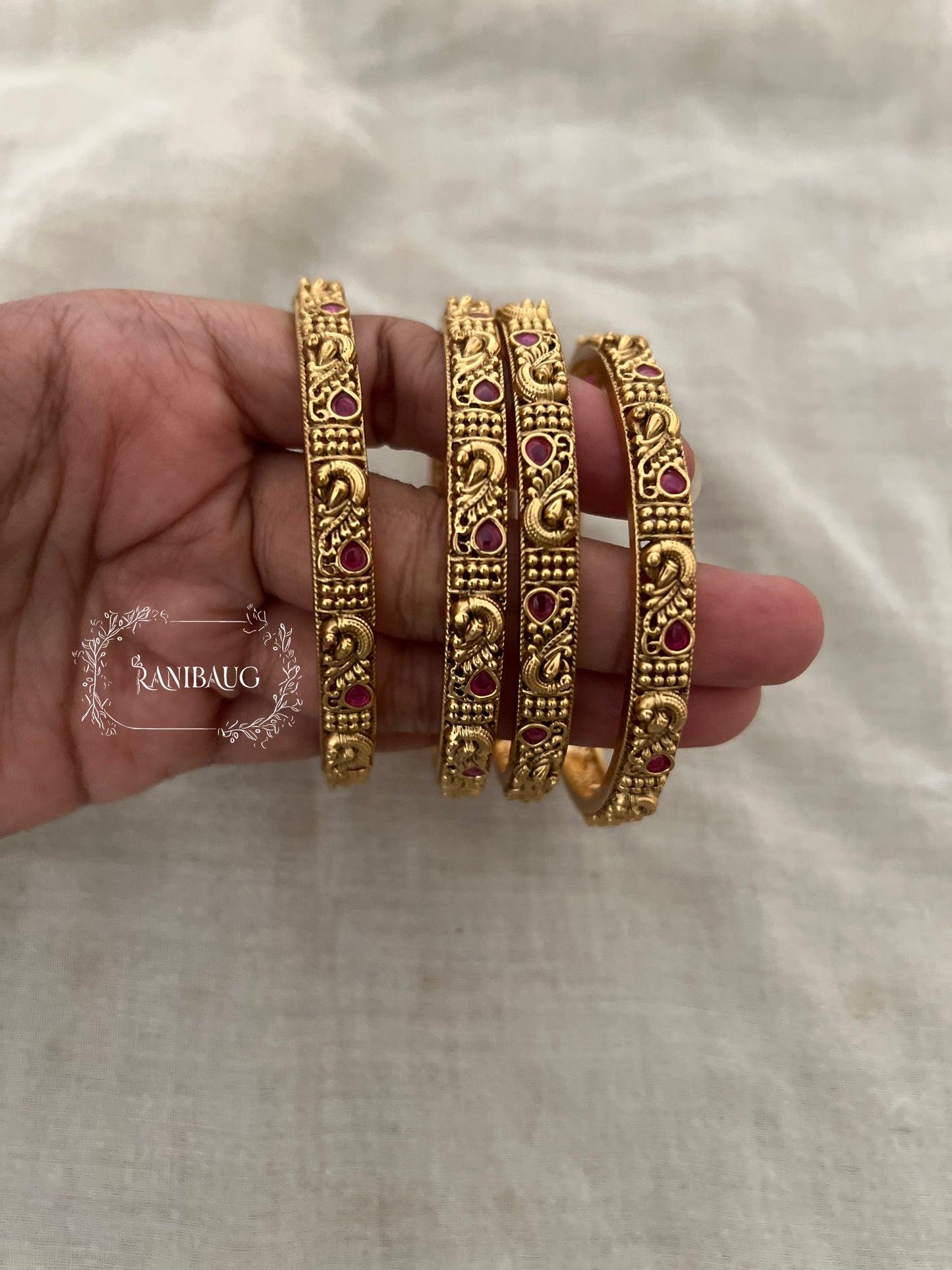 Anisha Ruby Motif Heritage Gold Bangles By Ranibaug (Set Of 4)