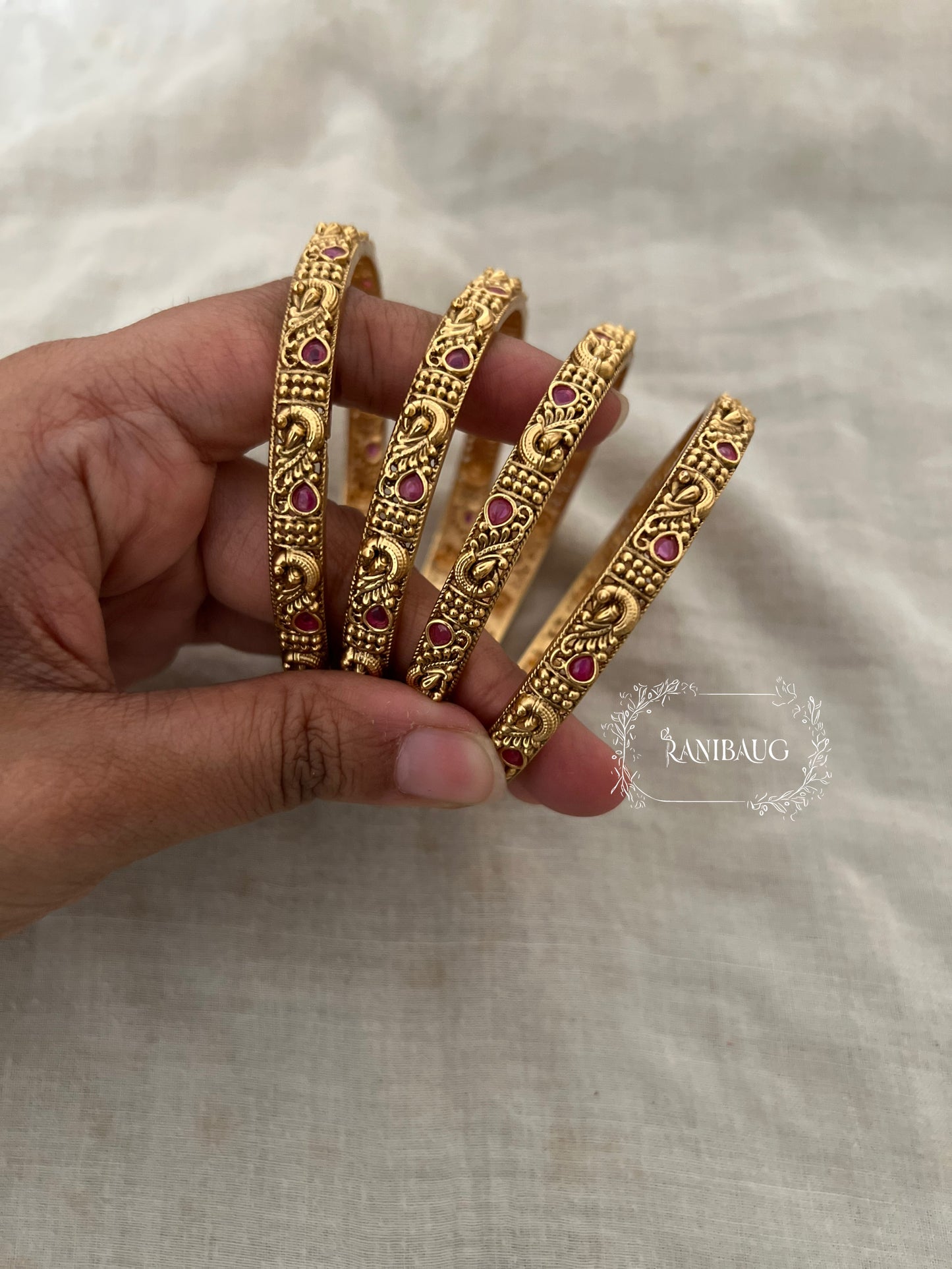 Anisha Ruby Motif Heritage Gold Bangles By Ranibaug (Set Of 4)