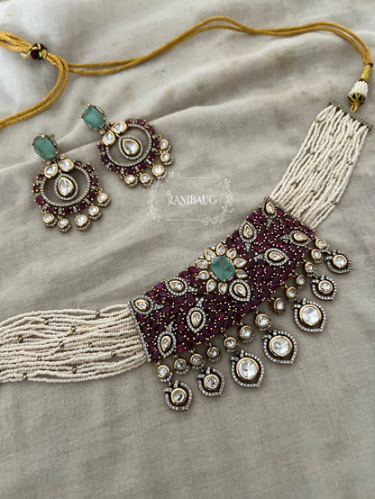 Anishi Emerald Ruby Stones Pearl Strand Mossaiite Polki Drops Choker Set By Ranibaug