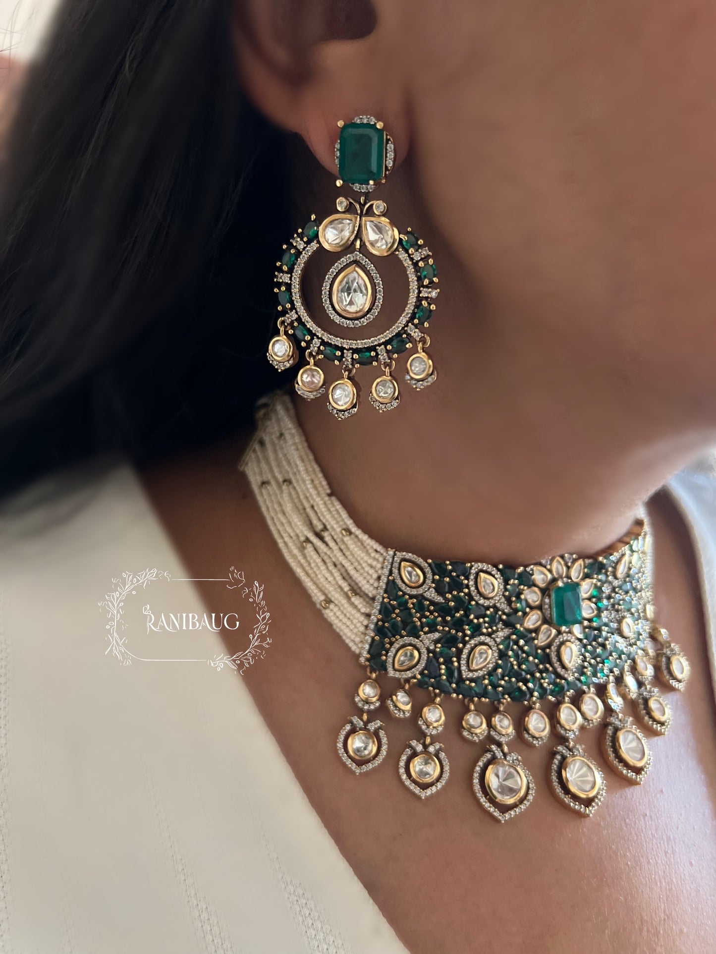 Anishi Emerald Ruby Stones Pearl Strand Mossaiite Polki Drops Choker Set By Ranibaug