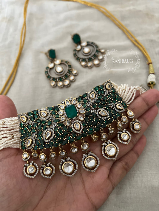 Anishi Emerald Ruby Stones Pearl Strand Mossaiite Polki Drops Choker Set By Ranibaug