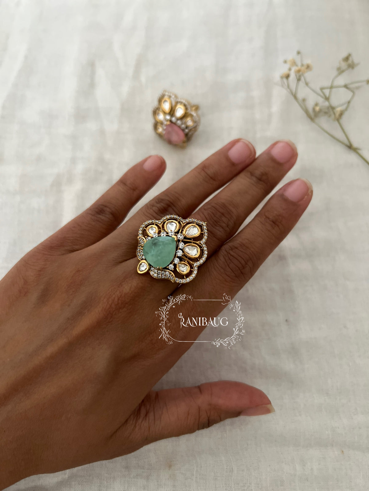 Anishka Pastel Polki Kundan Gold Finish Designer Festive Ring By Ranibaug