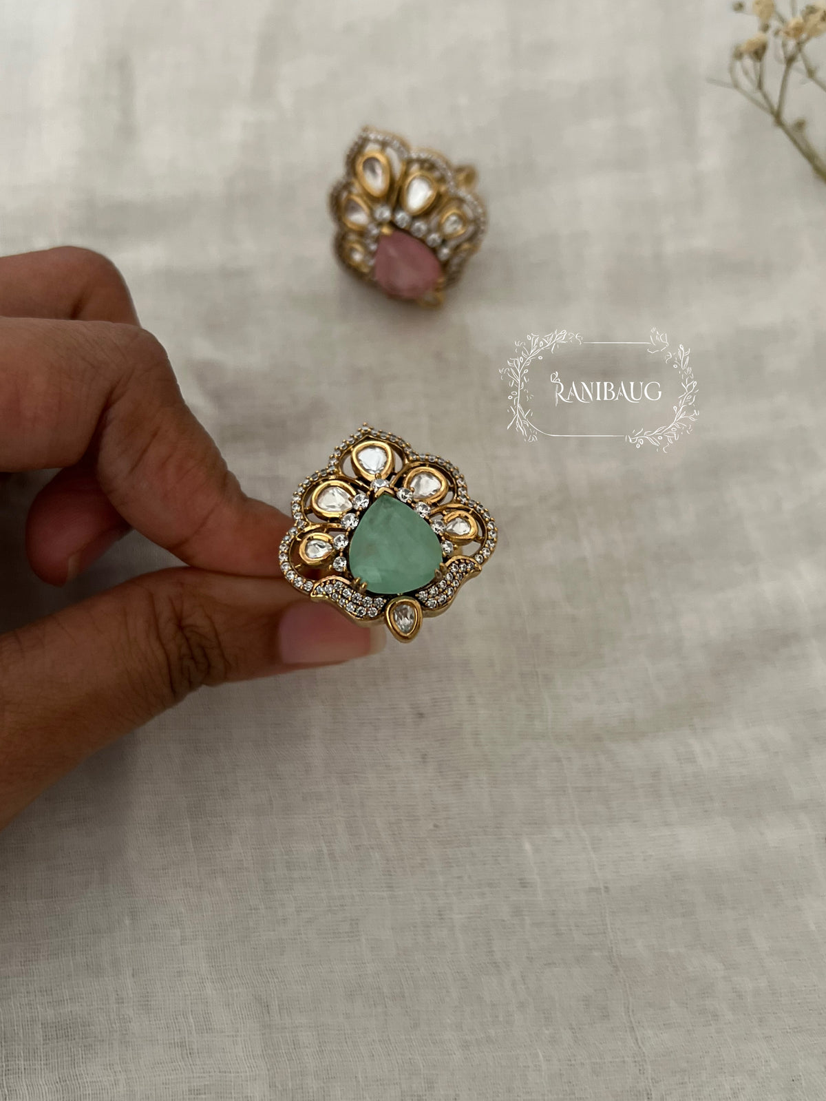 Anishka Pastel Polki Kundan Gold Finish Designer Festive Ring By Ranibaug