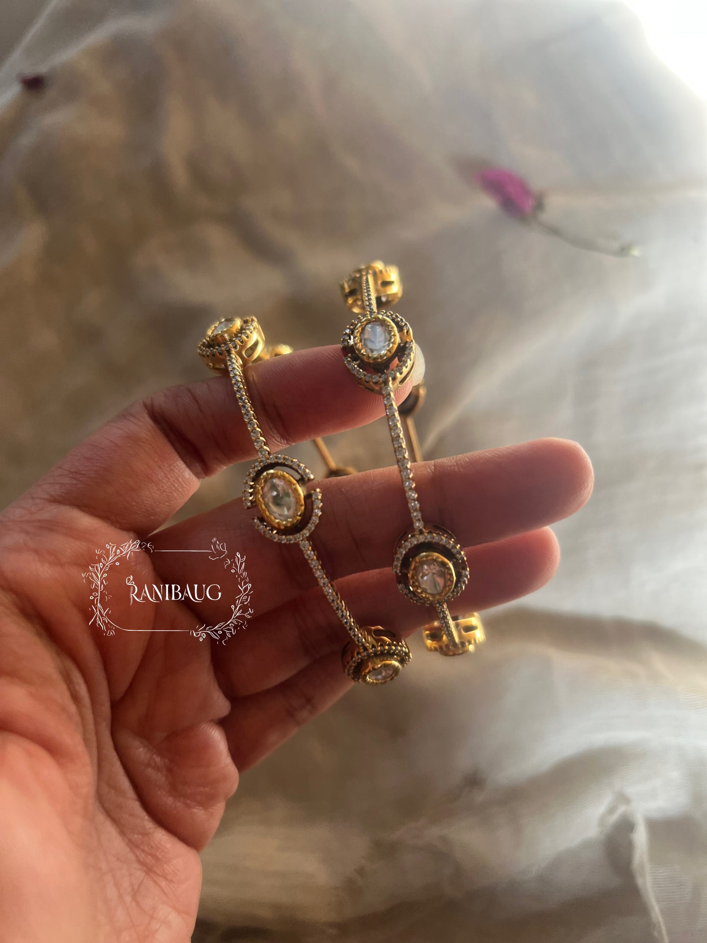 Ankita Mossainite Kundan Churi Bracelet Style Bangle Set By Ranibaug