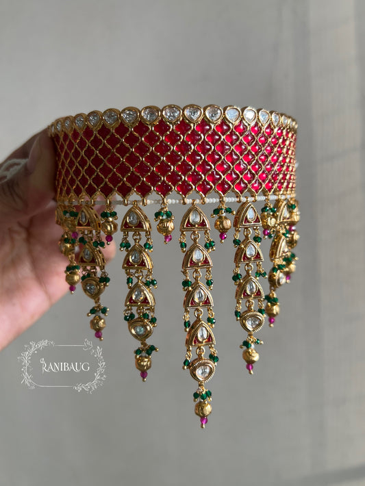 Anmol Red Chocker Necklace Set In Rich Gold Accent And Golden Danglers By Ranibaug | Statement Jewelry Pieces Royal Jewellery 2025 2026