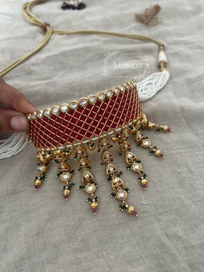 Anmol Red Chocker Necklace Set In Rich Gold Accent And Golden Danglers By Ranibaug | Statement Jewelry Pieces Royal Jewellery 2025 2026