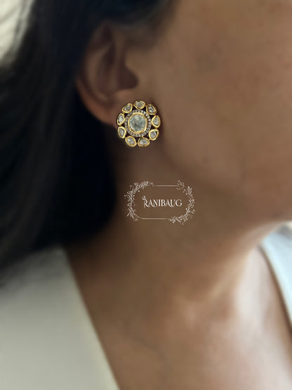 Anokhee Polki Kundan Gold Finish Halo Stud Earrings By Ranibaug