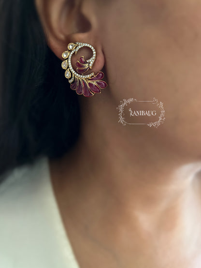 Anora Peacock Feather Inspired Polki Gold Finish Festive Ear Studs Jewelry By Ranibaug