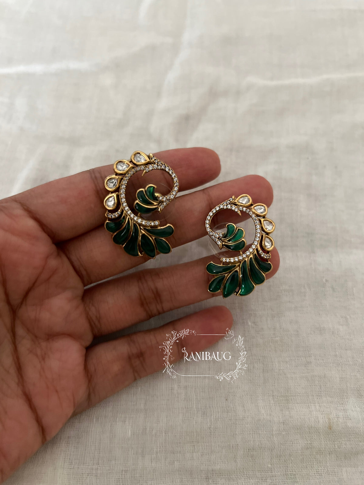 Anora Peacock Feather Inspired Polki Gold Finish Festive Ear Studs Jewelry By Ranibaug