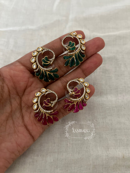 Anora Peacock Feather Inspired Polki Gold Finish Festive Ear Studs Jewelry By Ranibaug