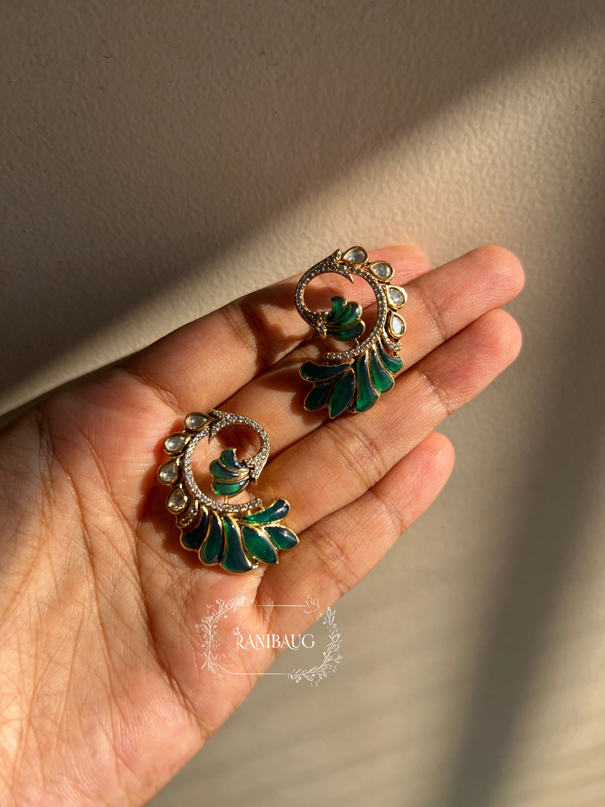 Anora Peacock Feather Inspired Polki Gold Finish Festive Ear Studs Jewelry By Ranibaug