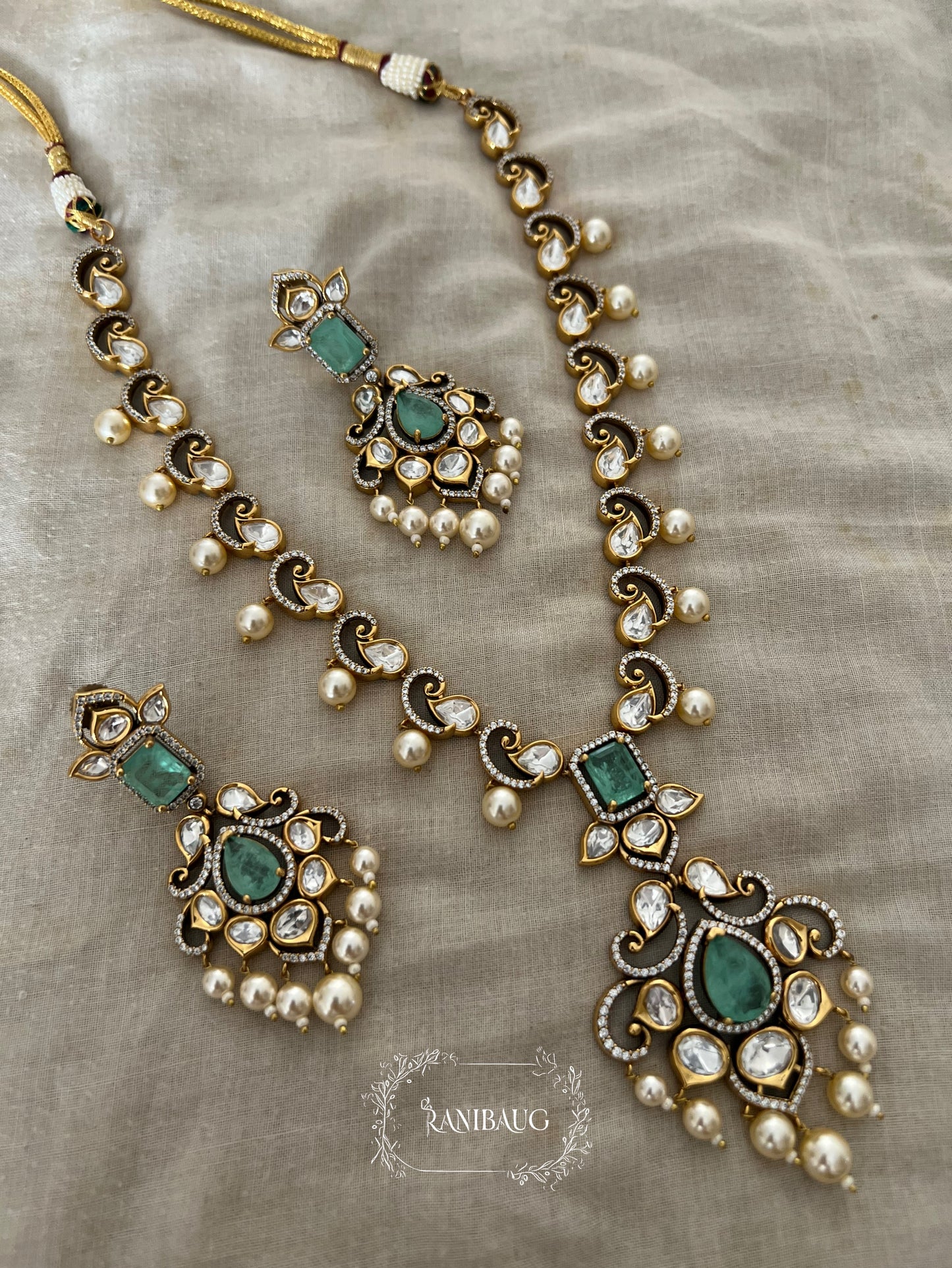 Anshika Victorian Gold Finish Royal Polki Kundan Studded Pearl Adorned Long Necklace Jewellery Set By Ranibaug