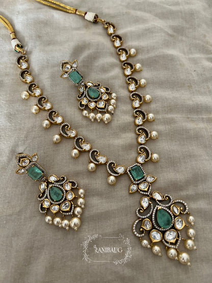 Anshika Victorian Gold Finish Royal Polki Kundan Studded Pearl Adorned Long Necklace Jewellery Set By Ranibaug