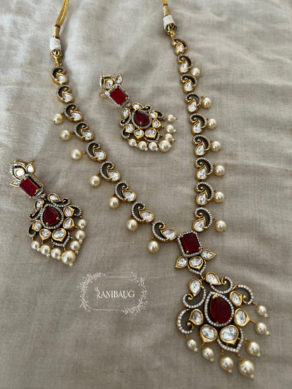Anshika Victorian Gold Finish Royal Polki Kundan Studded Pearl Adorned Long Necklace Jewellery Set By Ranibaug