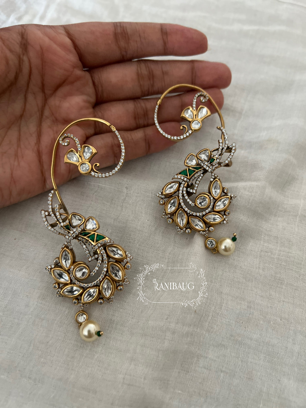 Anshita Antique Gold Finish Polki Kundan Trendy Designer Ear Cuff Earrings By Ranibaug