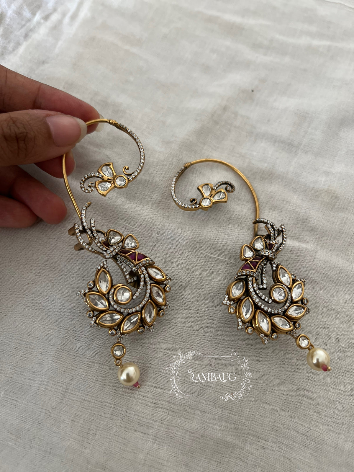Anshita Antique Gold Finish Polki Kundan Trendy Designer Ear Cuff Earrings By Ranibaug