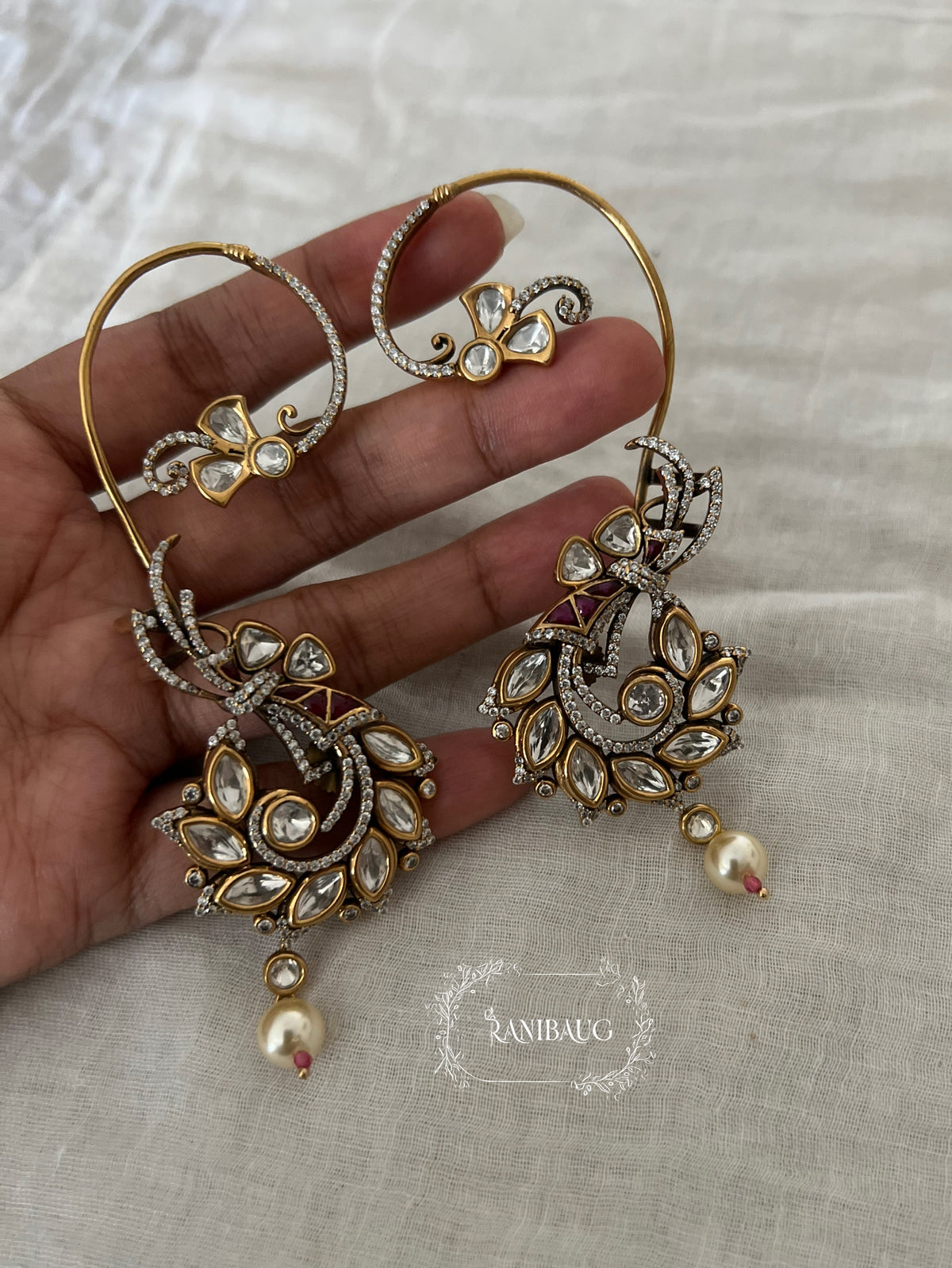 Anshita Antique Gold Finish Polki Kundan Trendy Designer Ear Cuff Earrings By Ranibaug