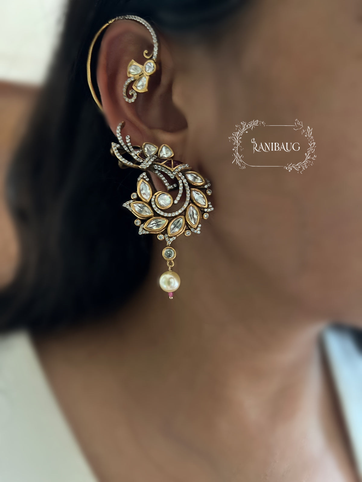 Anshita Antique Gold Finish Polki Kundan Trendy Designer Ear Cuff Earrings By Ranibaug