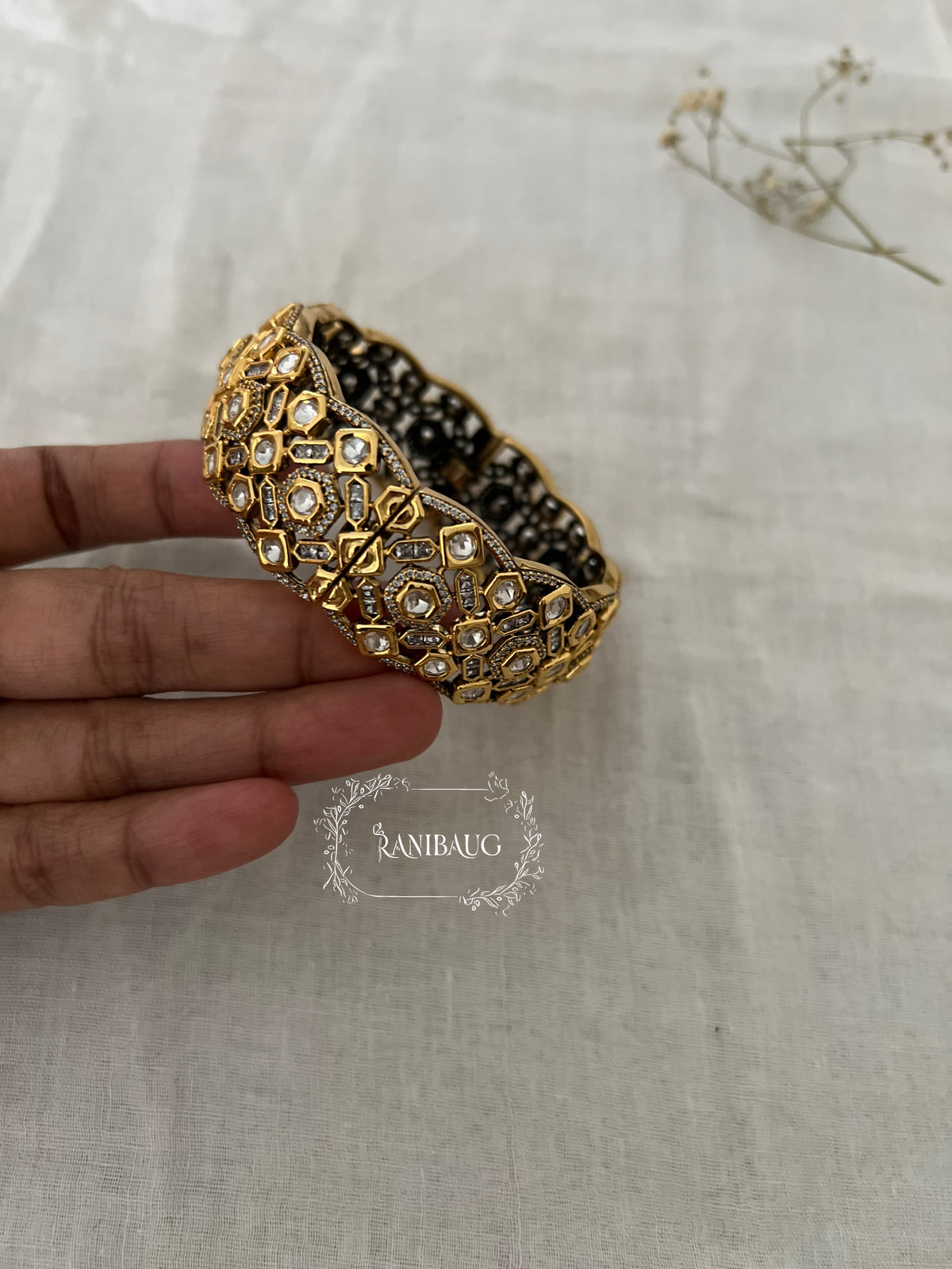Antara Gold Finish Polki Kundan Studded Royal Bangle By Ranibaug