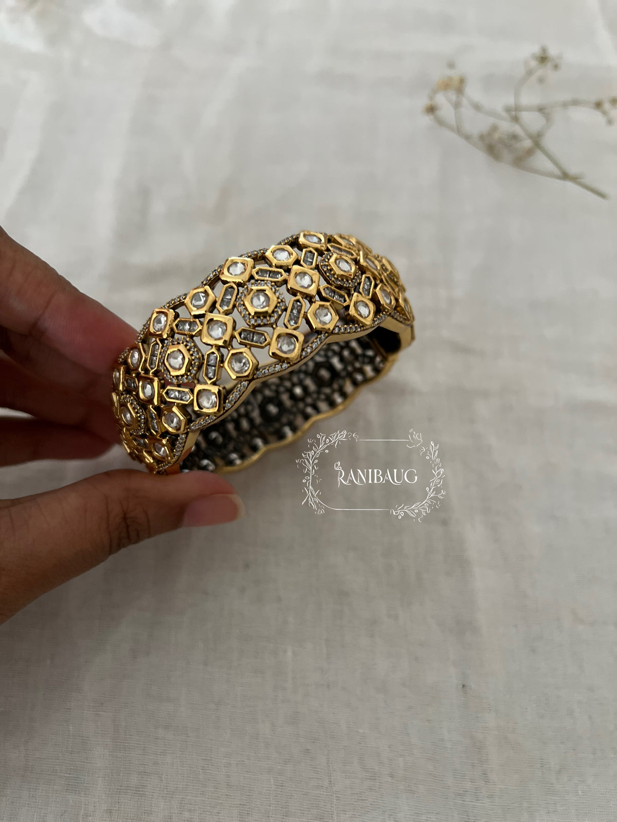 Antara Gold Finish Polki Kundan Studded Royal Bangle By Ranibaug
