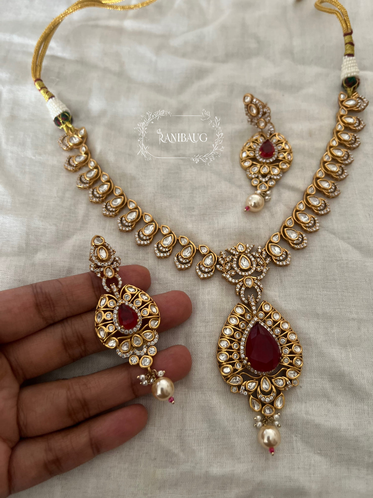 Antara Polki Kundan Teardrop Gemstone Traditional Jewellery Set By Ranibaug