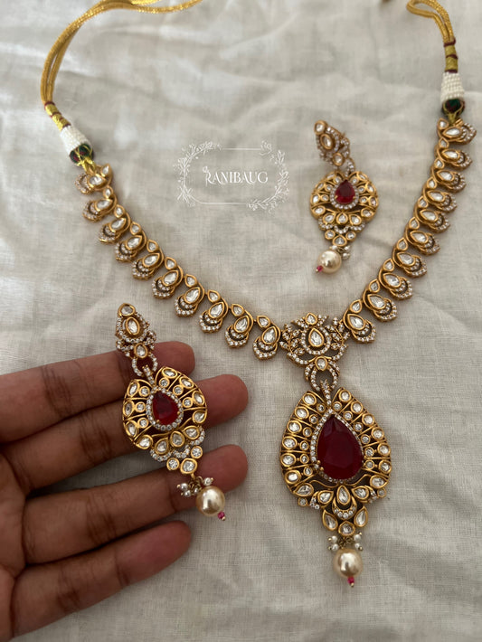 Antara Polki Kundan Teardrop Gemstone Traditional Jewellery Set By Ranibaug