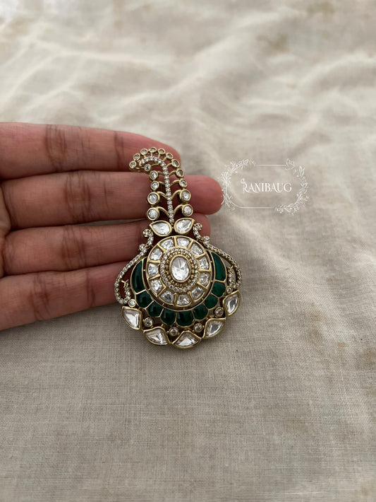 Anuj Rajtilak Emerald Green Polki Studded Victorian Gold Finish Kalgi Safa Brooch By Ranibaug
