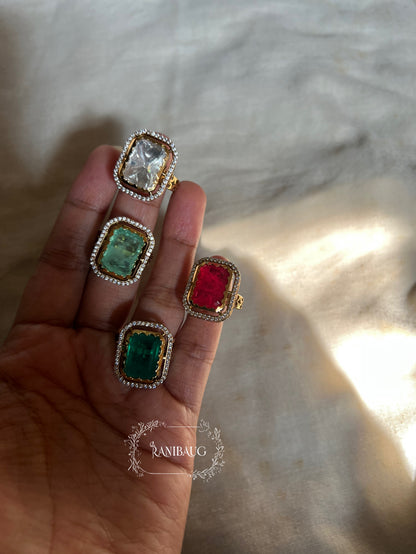 Anuja Polki Gem Frame Rectangular Colored Gemstone Stud Rings By Ranibaug