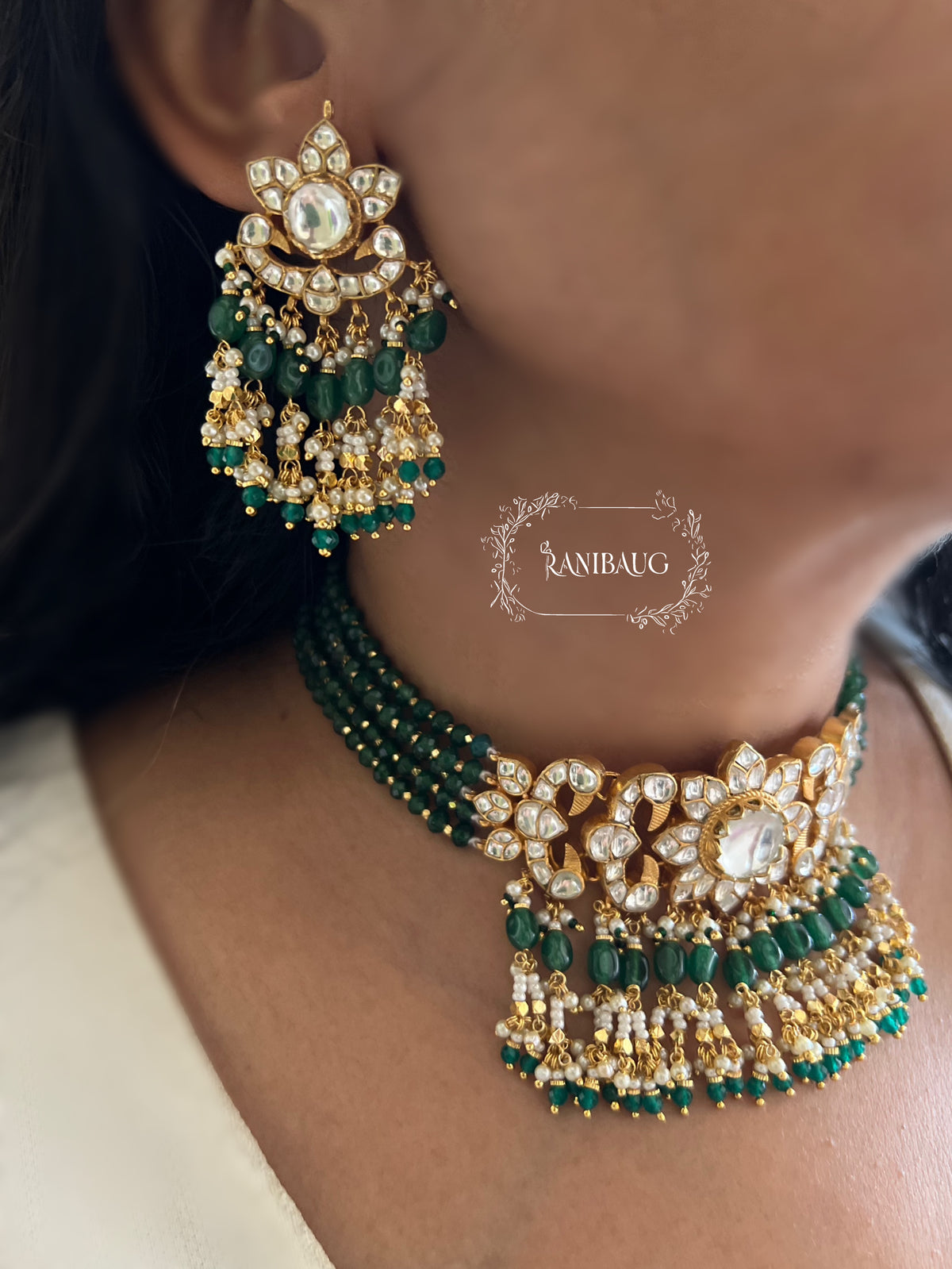 Anupriya Emerald Green Beaded Kundan Heritage Choker Necklace Set By Ranibaug