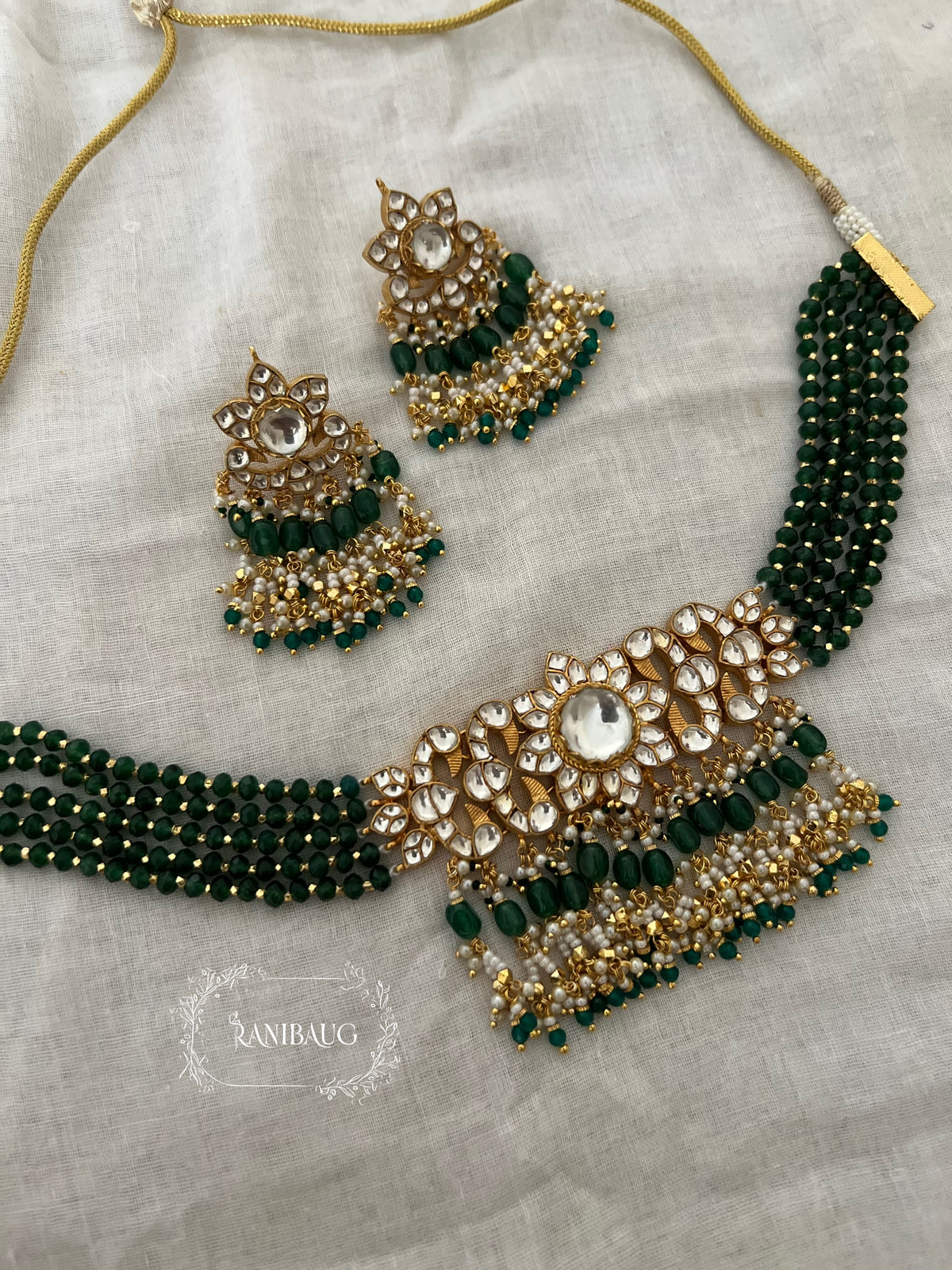 Anupriya Emerald Green Beaded Kundan Heritage Choker Necklace Set By Ranibaug