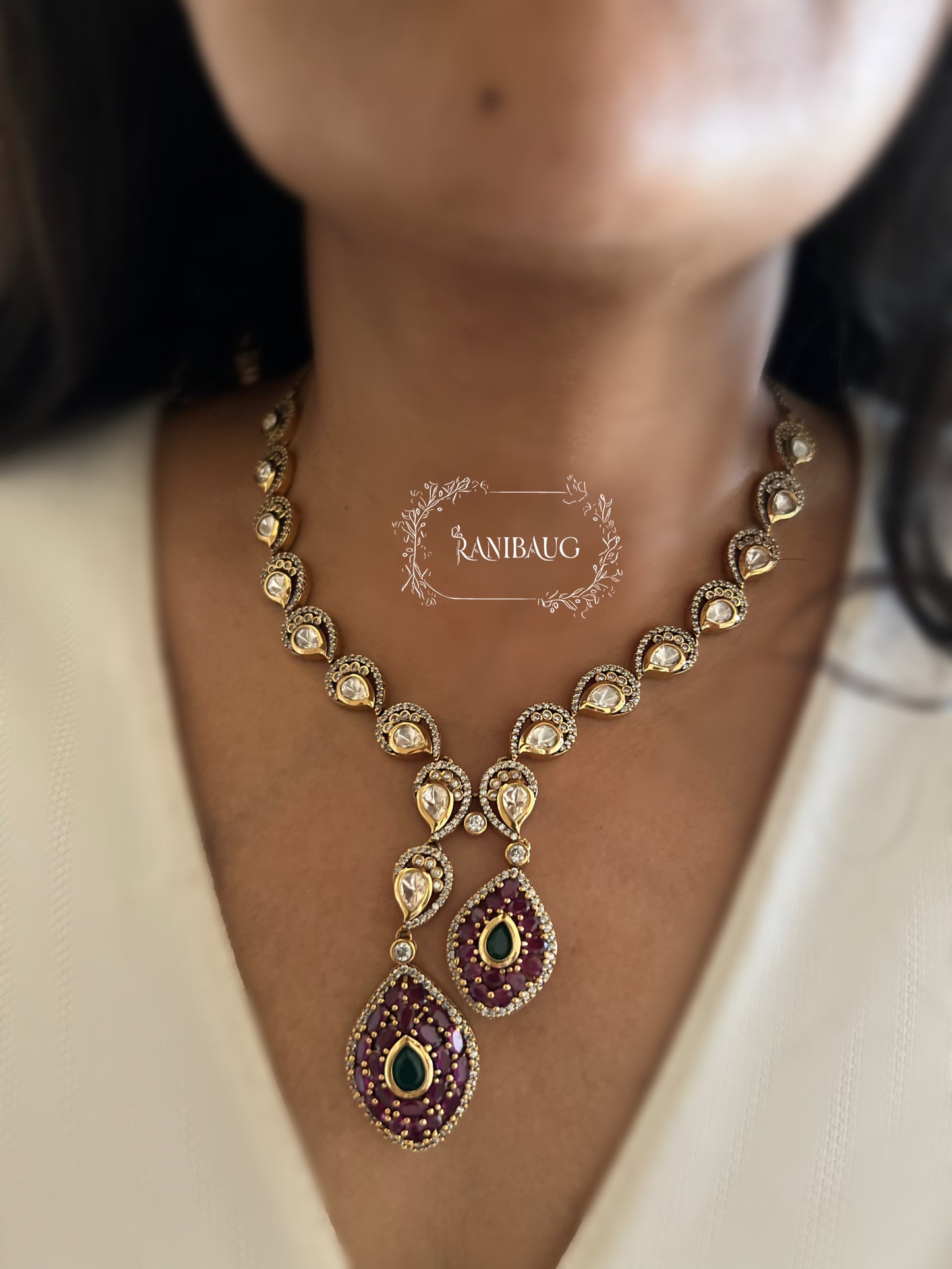 Anupriya Gold Finish Polki Studded Designer Teardrop Motif Necklace Set By Ranibaug