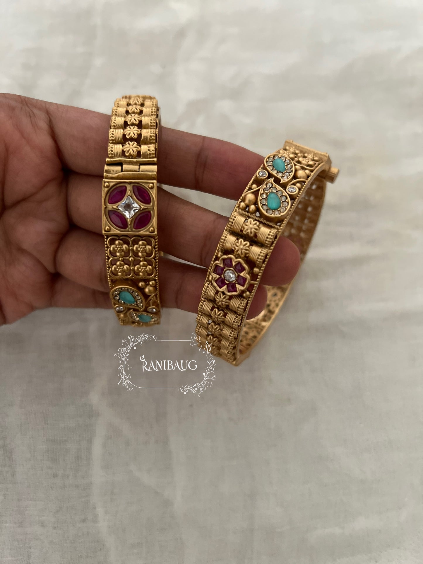 Anuradha Traditional Floral Designer Ruby Mint Accents Gold Finish Heritage Bangls By Ranibaug