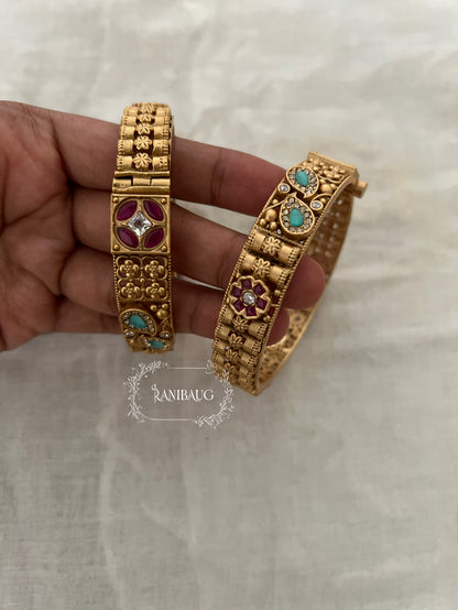 Anuradha Traditional Floral Designer Ruby Mint Accents Gold Finish Heritage Bangls By Ranibaug