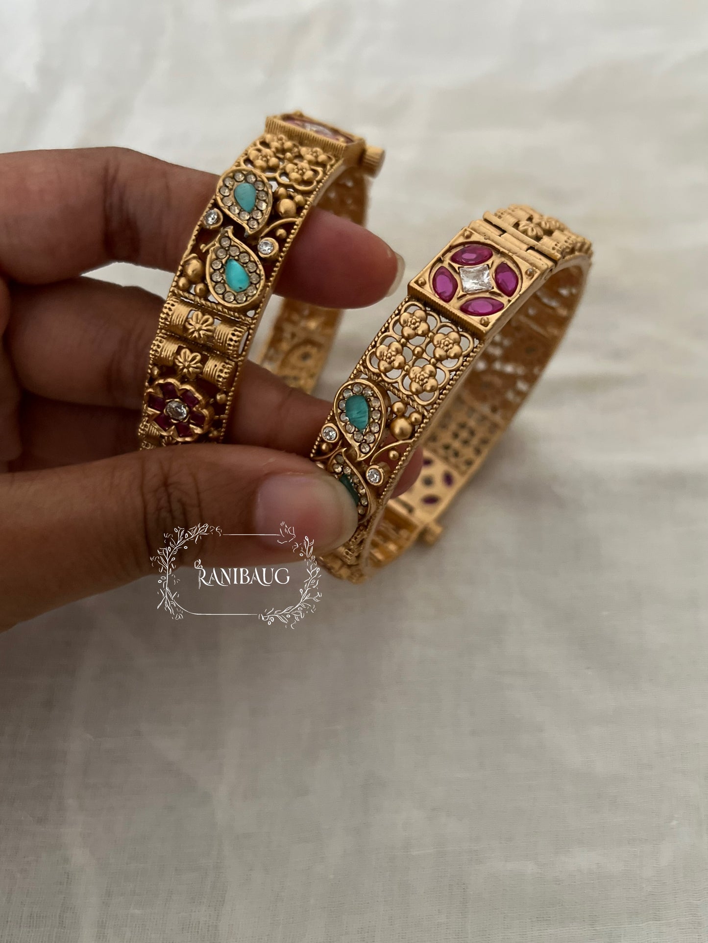 Anuradha Traditional Floral Designer Ruby Mint Accents Gold Finish Heritage Bangls By Ranibaug