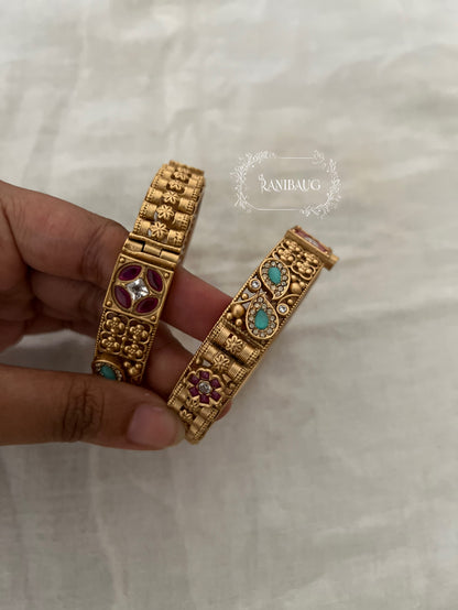 Anuradha Traditional Floral Designer Ruby Mint Accents Gold Finish Heritage Bangls By Ranibaug