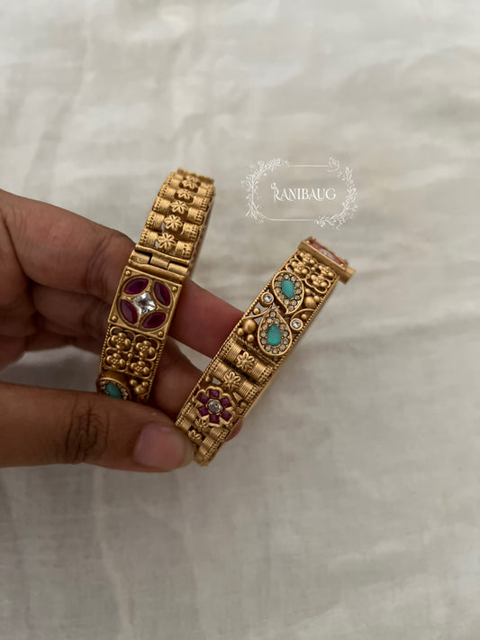 Anuradha Traditional Floral Designer Ruby Mint Accents Gold Finish Heritage Bangls By Ranibaug