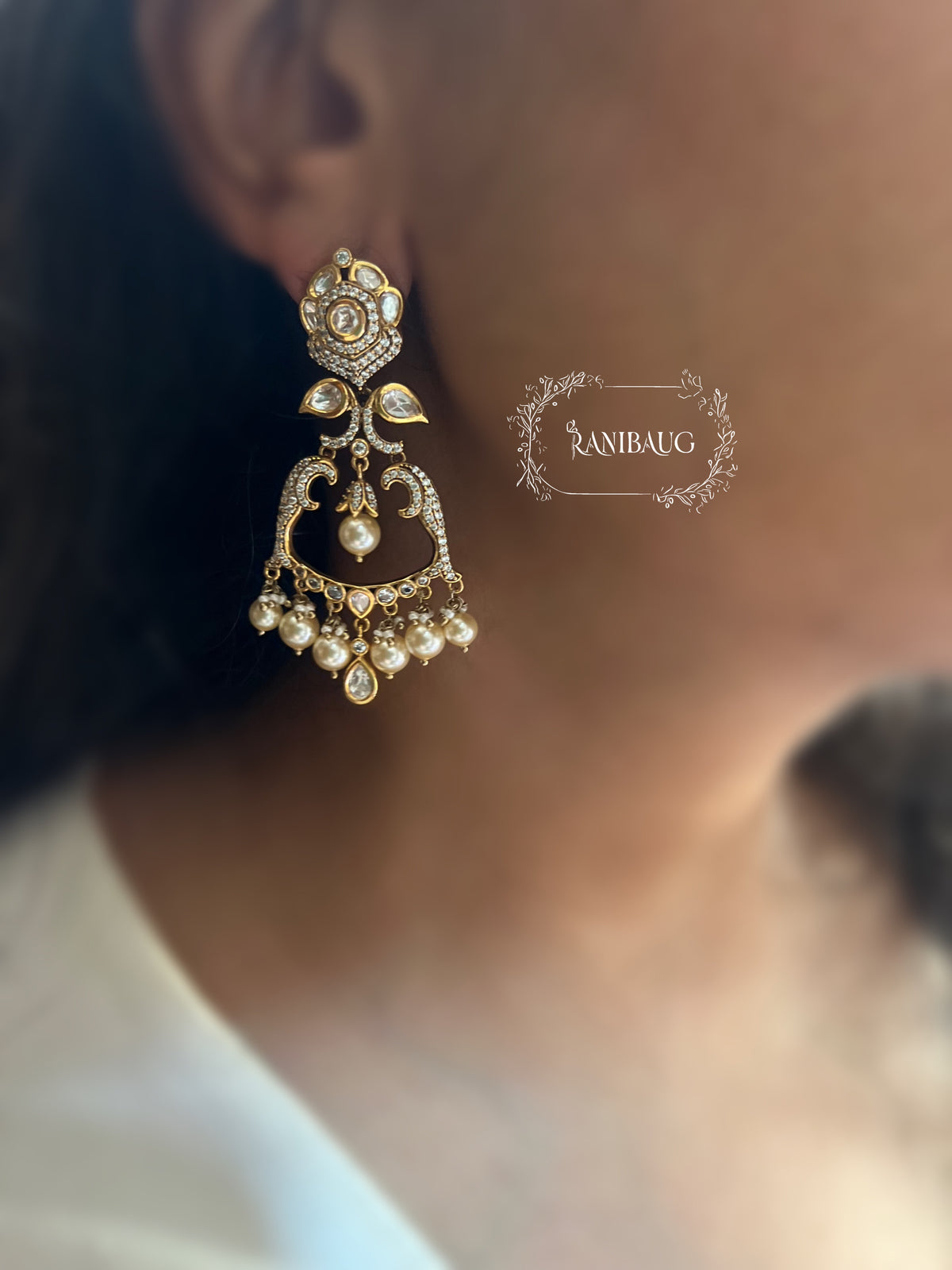 Anusha Gold Finish Polki Studded Pearl Adorned Chandbali Earrings By Ranibaug