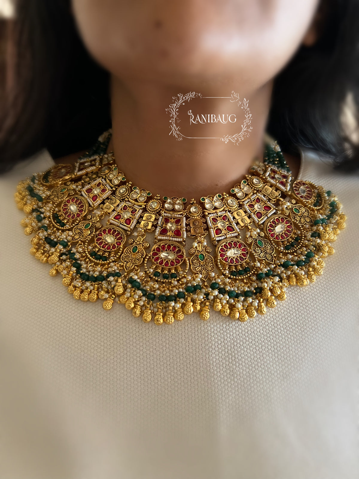 Anushtha Rajwada Bridal Kundan Beaded Ruby Emerald Gold Finish Royal Heritage Necklace Set By Ranibaug