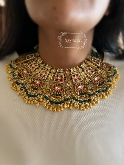 Anushtha Rajwada Bridal Kundan Beaded Ruby Emerald Gold Finish Royal Heritage Necklace Set By Ranibaug