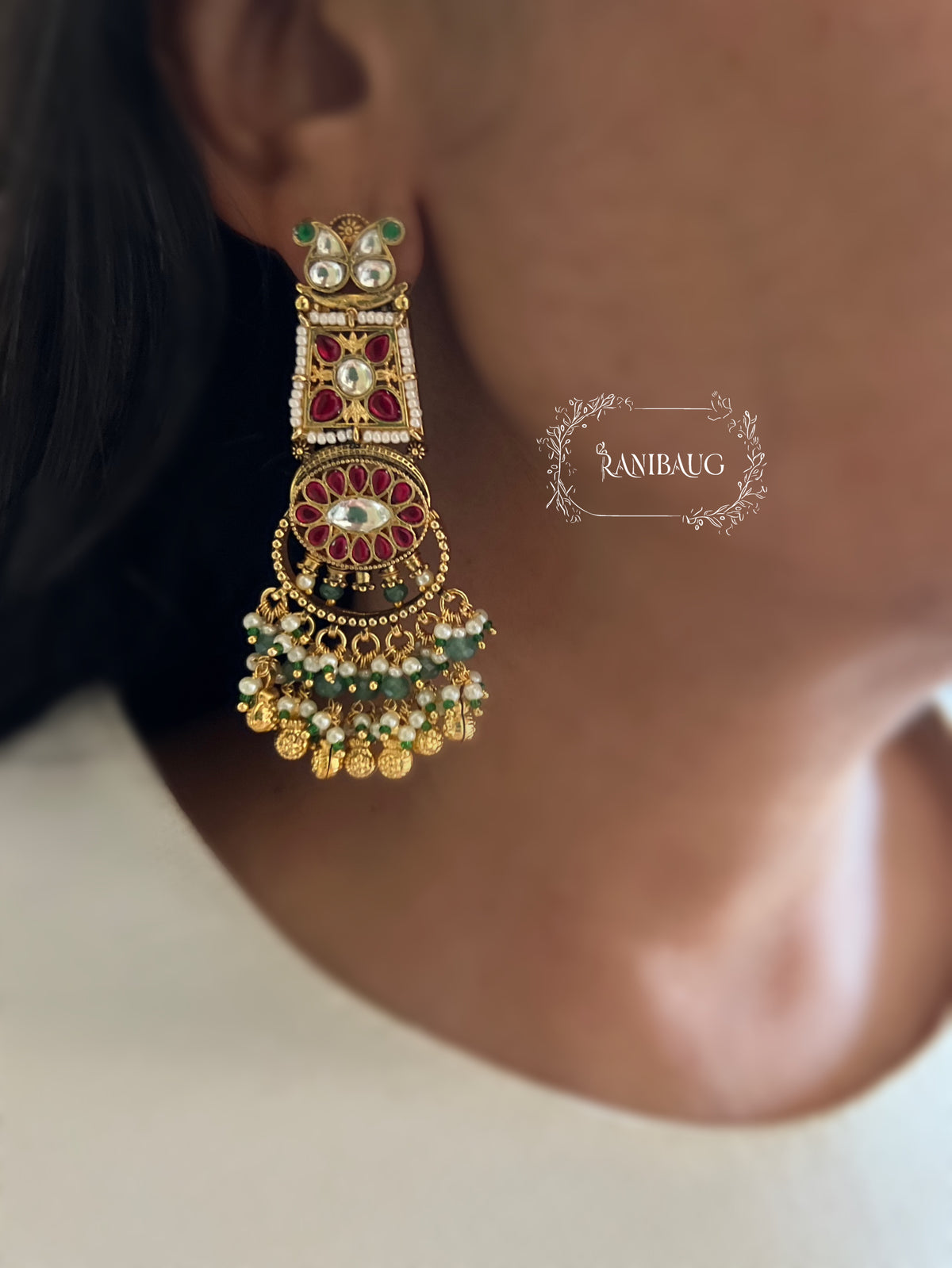 Anushtha Rajwada Bridal Kundan Beaded Ruby Emerald Gold Finish Royal Heritage Necklace Set By Ranibaug