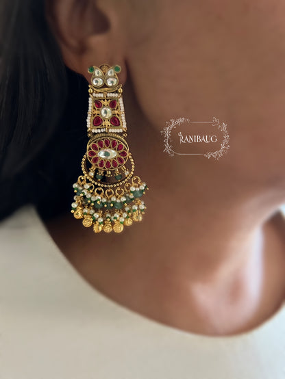 Anushtha Rajwada Bridal Kundan Beaded Ruby Emerald Gold Finish Royal Heritage Necklace Set By Ranibaug