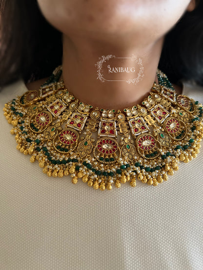 Anushtha Rajwada Bridal Kundan Beaded Ruby Emerald Gold Finish Royal Heritage Necklace Set By Ranibaug