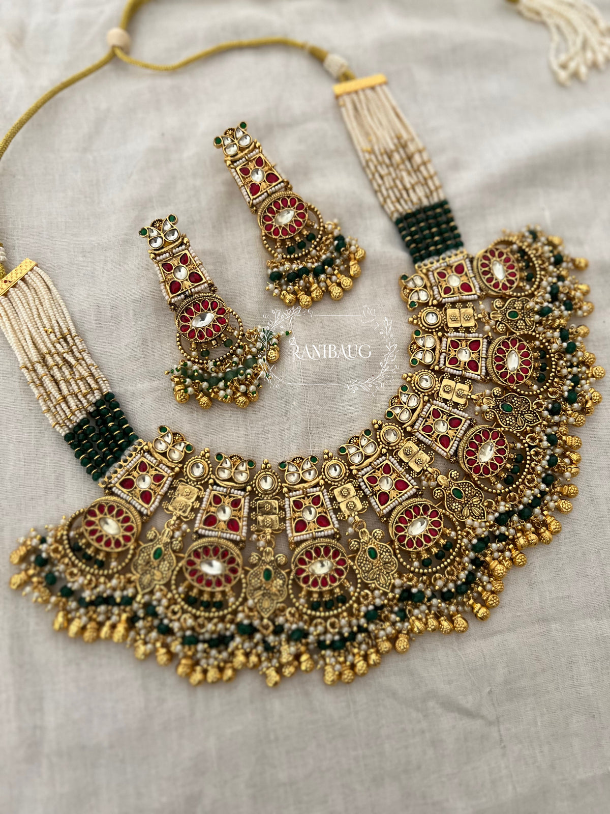 Anushtha Rajwada Bridal Kundan Beaded Ruby Emerald Gold Finish Royal Heritage Necklace Set By Ranibaug