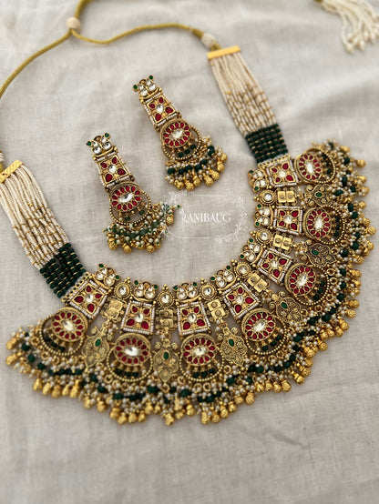 Anushtha Rajwada Bridal Kundan Beaded Ruby Emerald Gold Finish Royal Heritage Necklace Set By Ranibaug